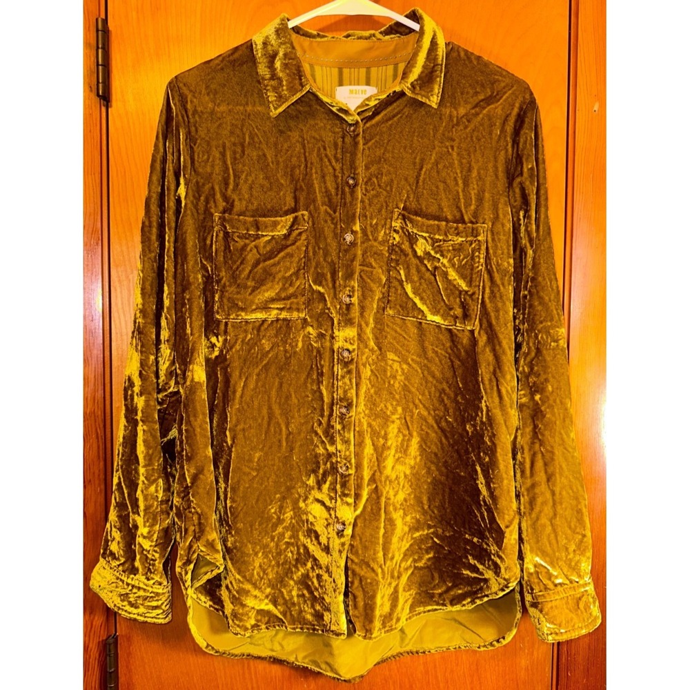 Maeve Anthropologie‎ Womens Karina Gold Velvet Button Down Shirt Size 8